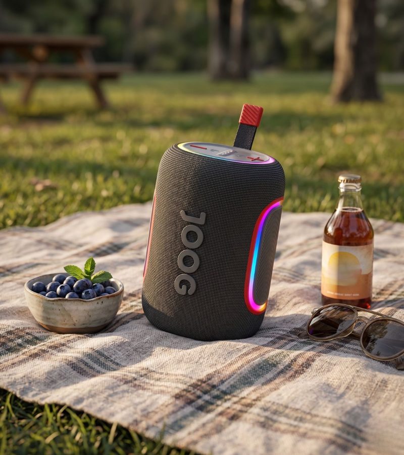 Caixa de som portátil Joog Pair D em uso em ambiente externo