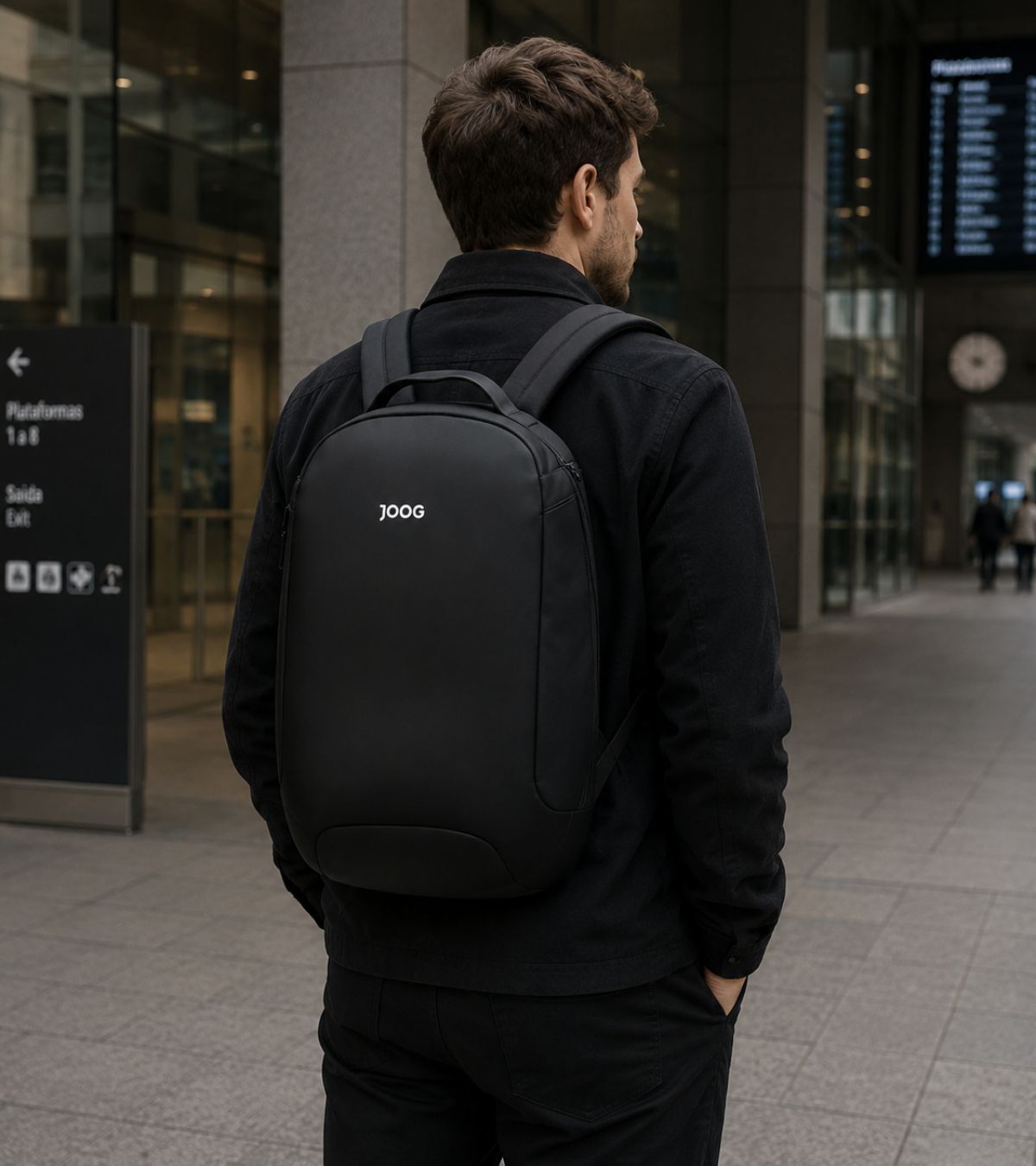 Mochila Joog preta elegante para trabalho e viagens