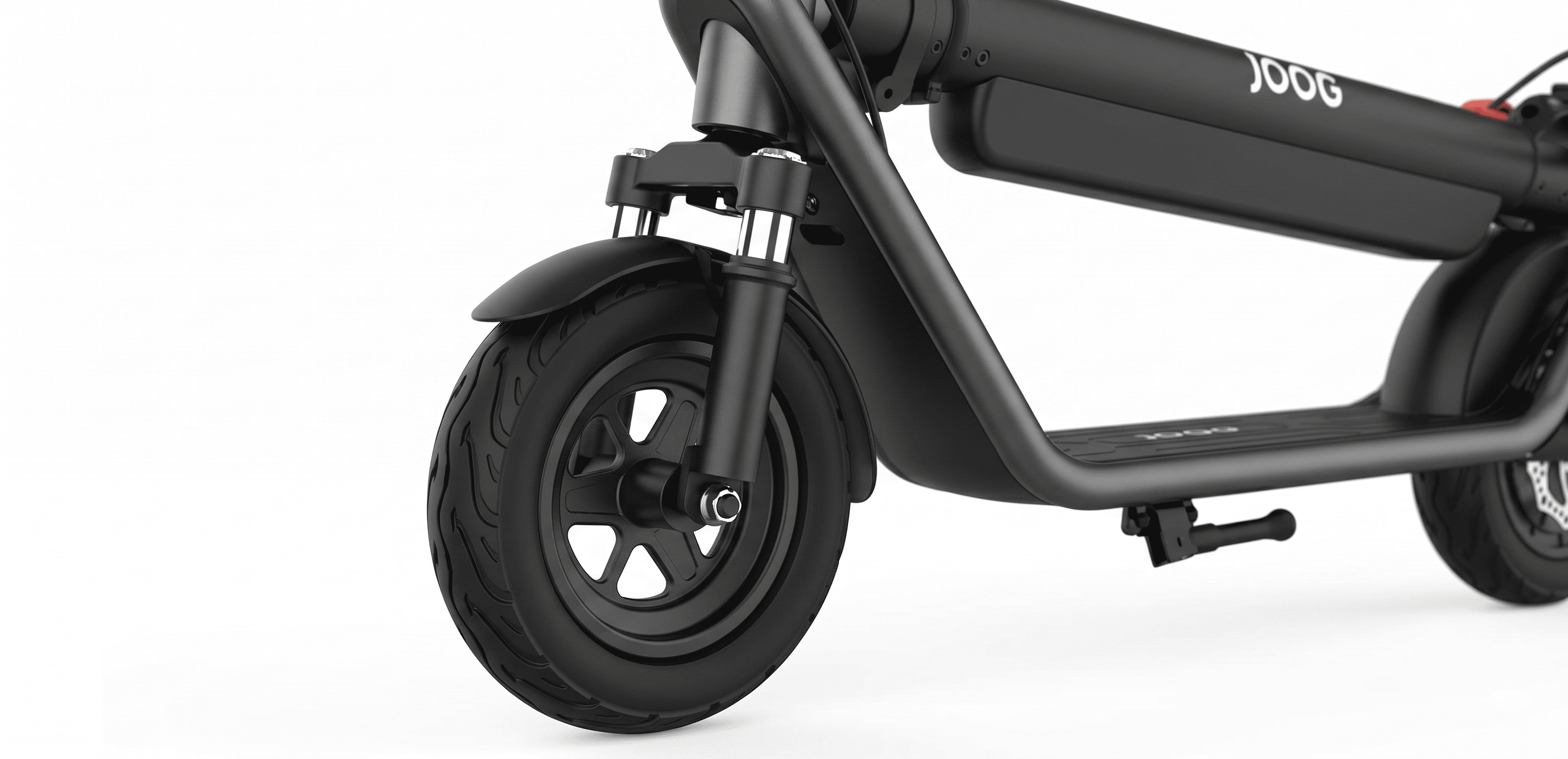 Detalhe da roda dianteira do Patinete Elétrico JOOG G11 Basic